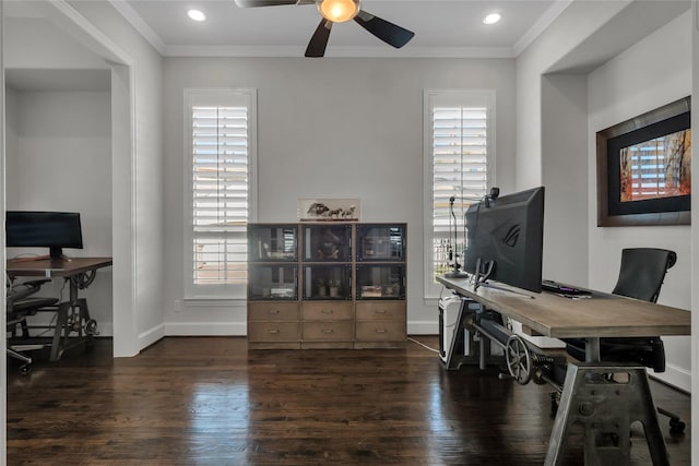 home office featuring dark wood-type flooring, ceiling fan, and ornamental molding