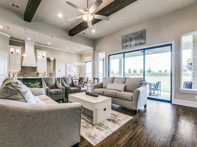 living room featuring beamed ceiling, ceiling fan with notable chandelier, and dark hardwood / wood-style floors