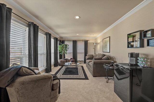 living room featuring crown molding and light carpet