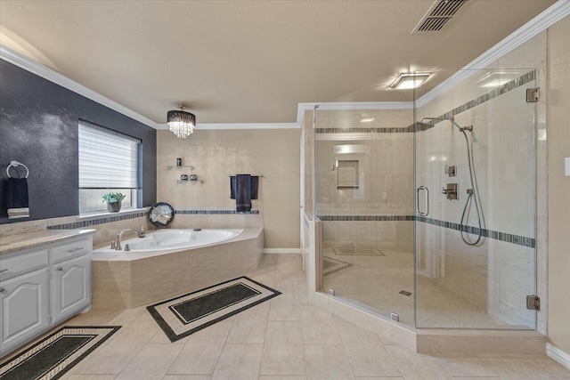 bathroom featuring crown molding, vanity, plus walk in shower, and a notable chandelier