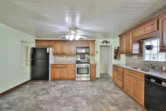 kitchen featuring black appliances, ceiling fan, and sink