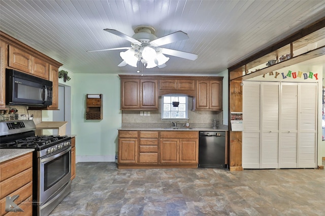 kitchen featuring black appliances, ceiling fan, and sink