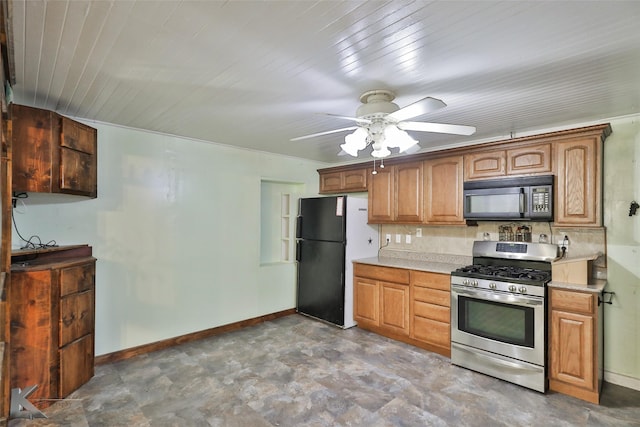 kitchen with black appliances and ceiling fan