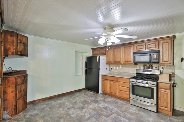 kitchen featuring tasteful backsplash, wood ceiling, black appliances, and ceiling fan