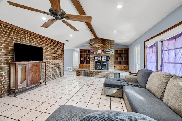 living room featuring vaulted ceiling with beams, built in features, and brick wall