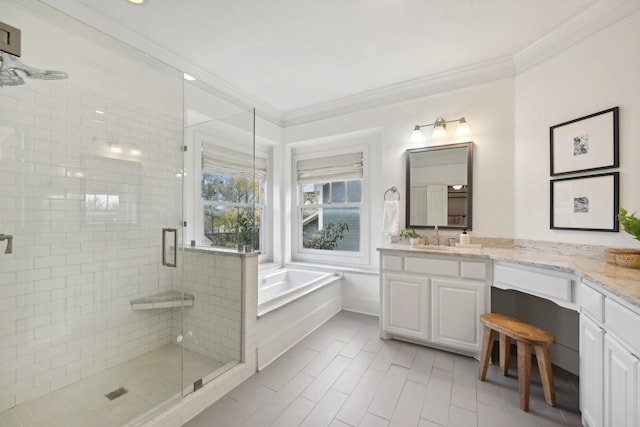 bathroom featuring vanity, ornamental molding, and plus walk in shower