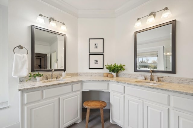 bathroom featuring tile patterned floors, vanity, and ornamental molding