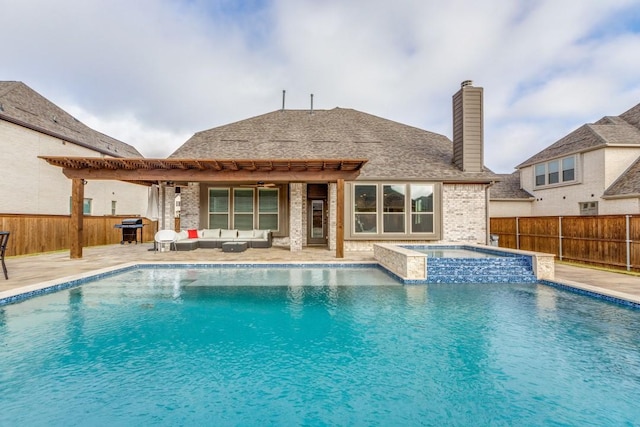 view of pool with an in ground hot tub, an outdoor living space, ceiling fan, a patio area, and a grill