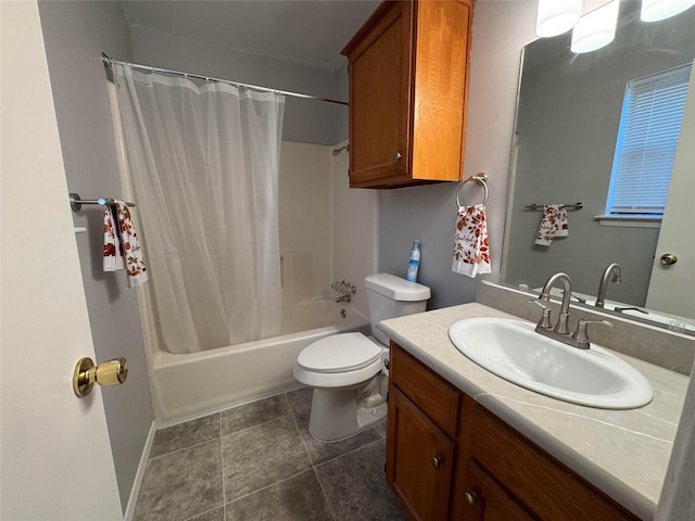 full bathroom with tile patterned flooring, vanity, toilet, and shower / bathtub combination with curtain