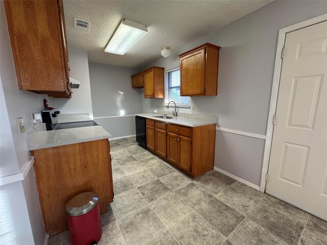 kitchen with stove, a textured ceiling, exhaust hood, sink, and dishwasher