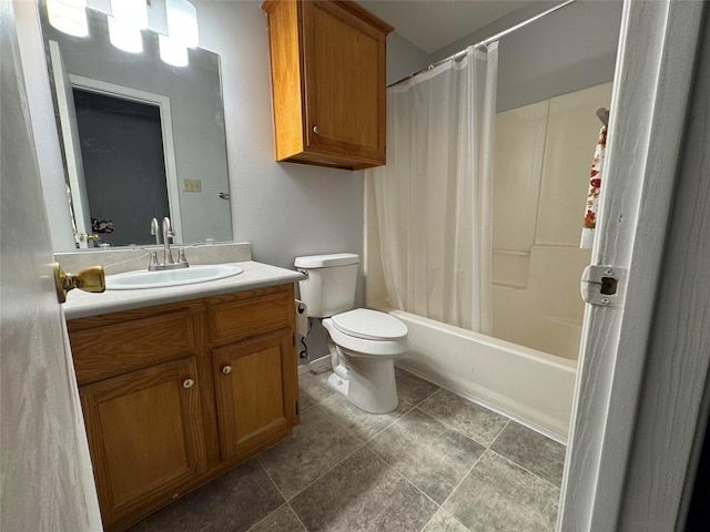 full bathroom with vanity, shower / bath combo, and toilet