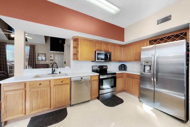 kitchen with stainless steel appliances, sink, and kitchen peninsula