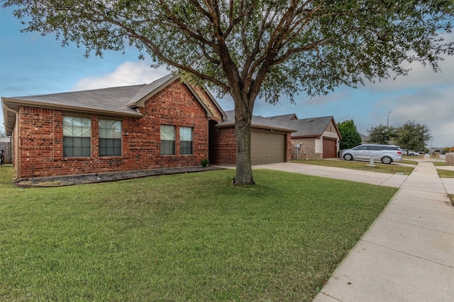 ranch-style house with a front lawn and a garage