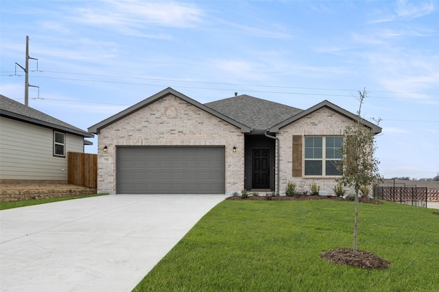 single story home with concrete driveway, brick siding, fence, and an attached garage