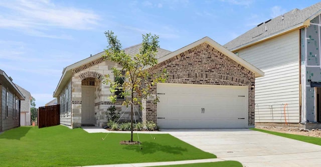 view of front of home with a front yard and a garage