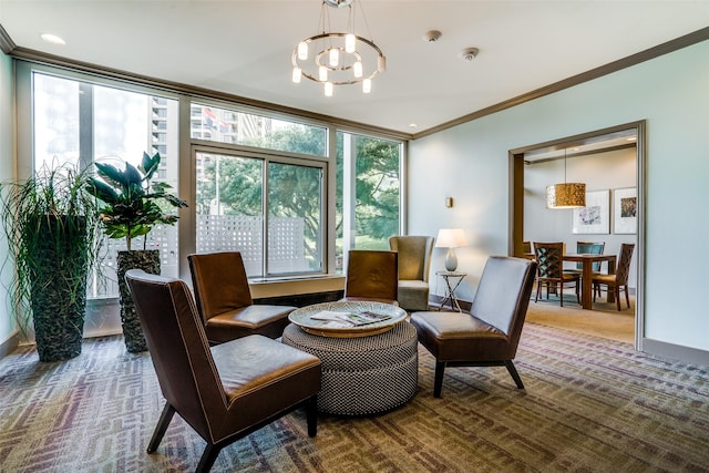 interior space featuring crown molding, carpet floors, and a notable chandelier