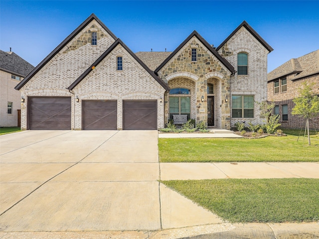 french country home with a front yard and a garage