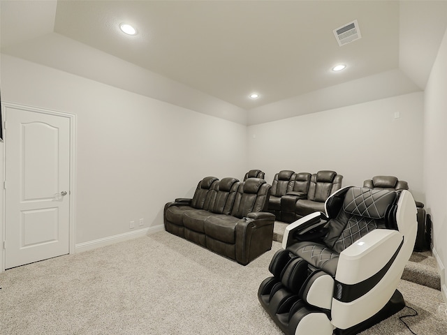 cinema with a raised ceiling and carpet floors