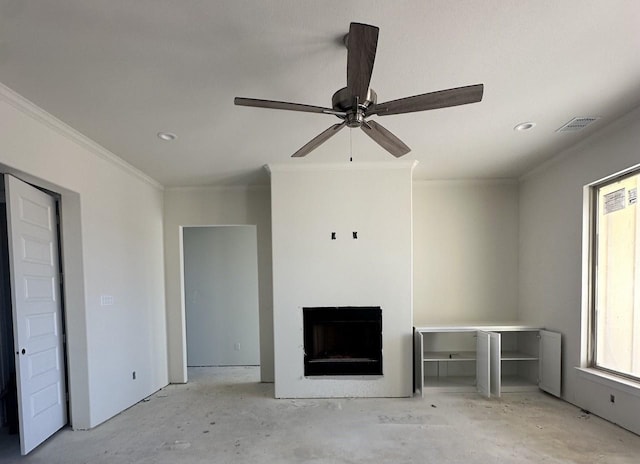 unfurnished living room featuring ceiling fan and crown molding