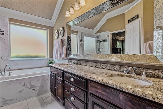 bathroom with plus walk in shower, ornamental molding, vanity, and lofted ceiling