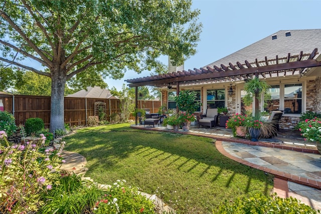 view of yard featuring outdoor lounge area, a patio area, and a pergola