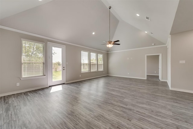 unfurnished living room featuring hardwood / wood-style flooring, ceiling fan, crown molding, and high vaulted ceiling