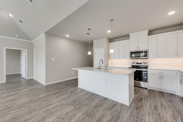 kitchen with white cabinetry, sink, lofted ceiling, a center island with sink, and appliances with stainless steel finishes