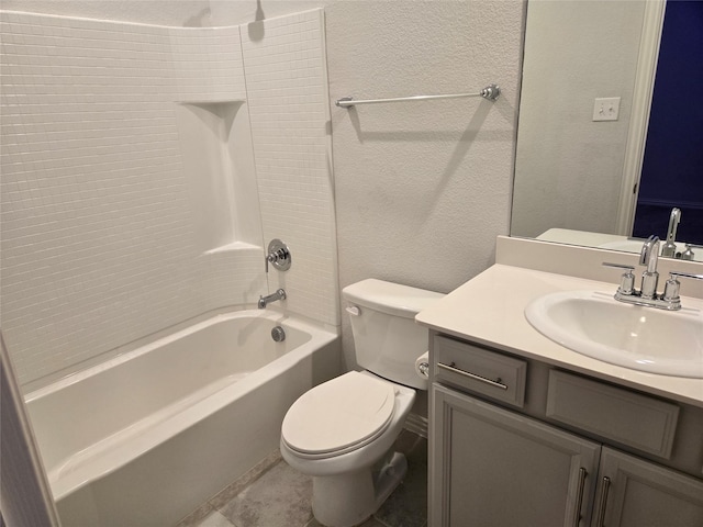 full bathroom featuring vanity, tile patterned floors,  shower combination, and toilet