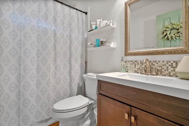 bathroom with walk in shower, decorative backsplash, vanity, and toilet