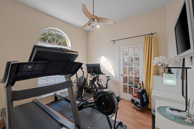 exercise area with hardwood / wood-style floors and ceiling fan