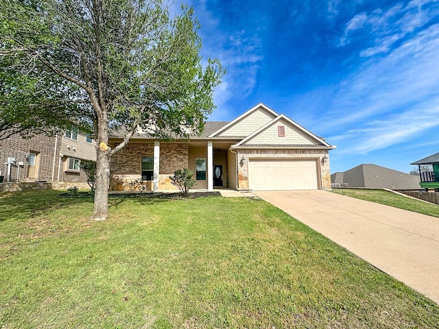ranch-style home with a front yard, an attached garage, brick siding, and concrete driveway