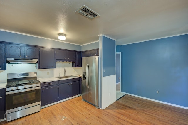 kitchen featuring ornamental molding, appliances with stainless steel finishes, sink, and light hardwood / wood-style flooring