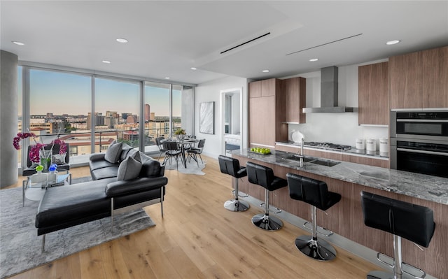 living room with light wood-type flooring and sink