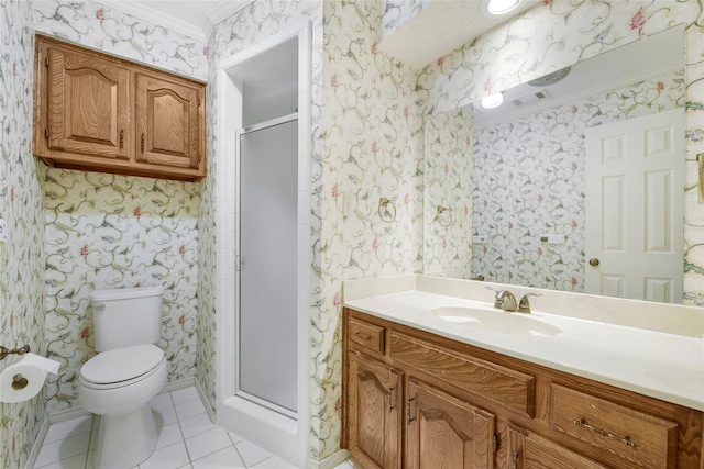 full bathroom featuring toilet, tile patterned floors, wallpapered walls, a stall shower, and crown molding