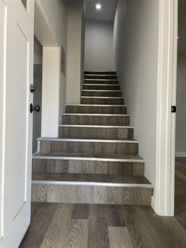 stairway with hardwood / wood-style floors