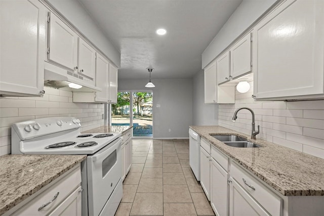 kitchen featuring white cabinets, white appliances, sink, and hanging light fixtures