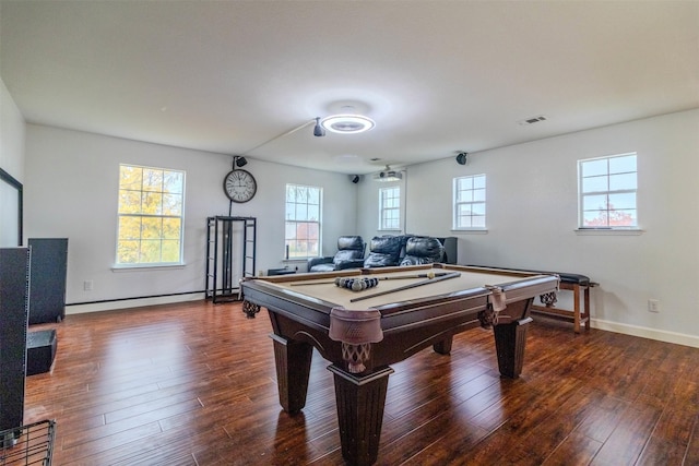 rec room with a baseboard heating unit, dark wood-type flooring, and pool table