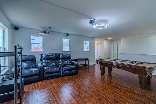 home theater room featuring dark wood-type flooring and pool table