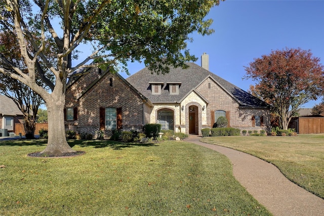 french country inspired facade featuring a front yard