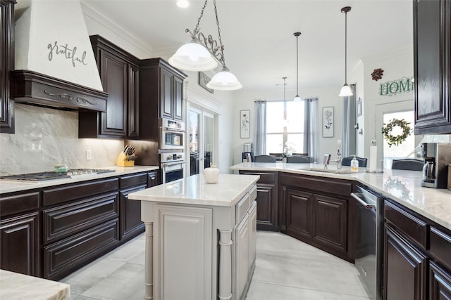 kitchen featuring a center island, premium range hood, hanging light fixtures, tasteful backsplash, and stainless steel appliances