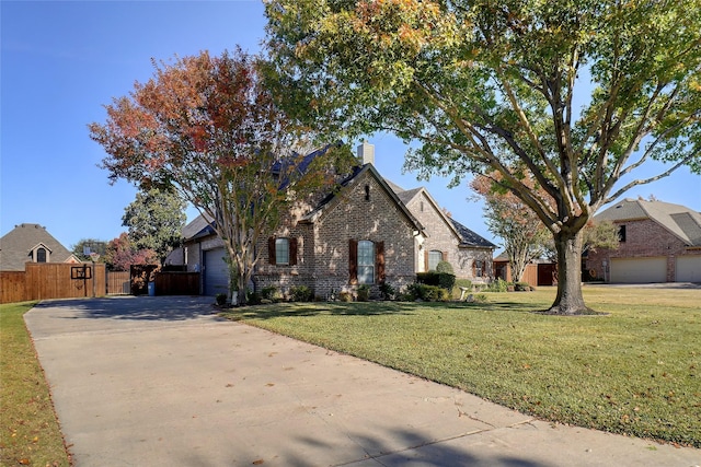 view of front of property featuring a garage and a front lawn