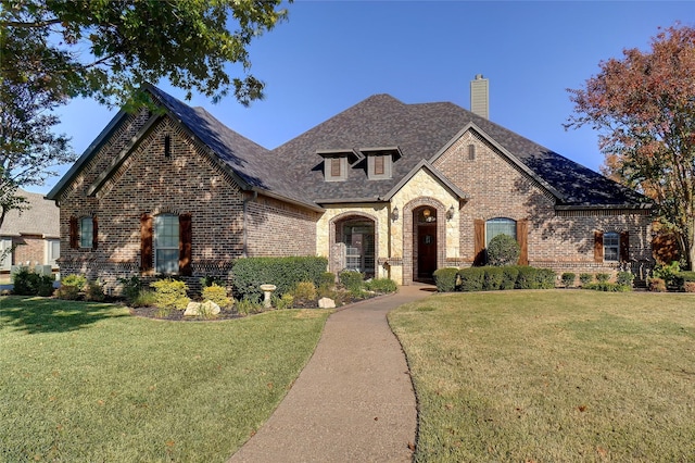 french country style house featuring a front lawn