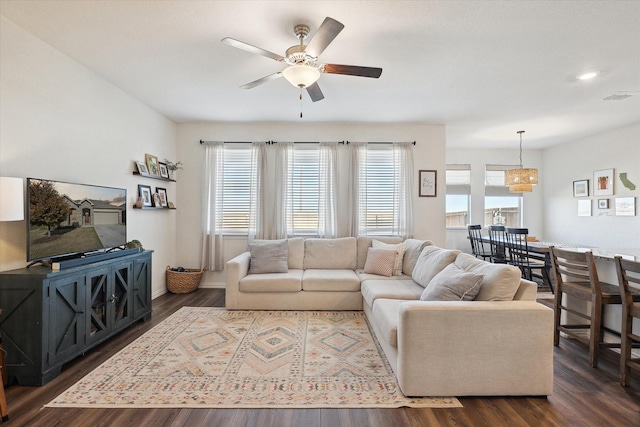 living room with ceiling fan, plenty of natural light, and dark wood-type flooring