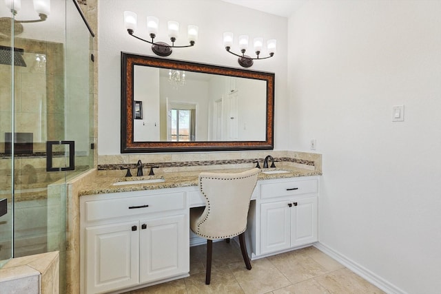 full bathroom featuring backsplash, a sink, a shower stall, and double vanity