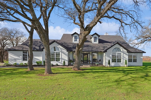 view of front of house featuring brick siding, a chimney, and a front lawn