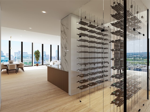 wine cellar with expansive windows and light wood-type flooring