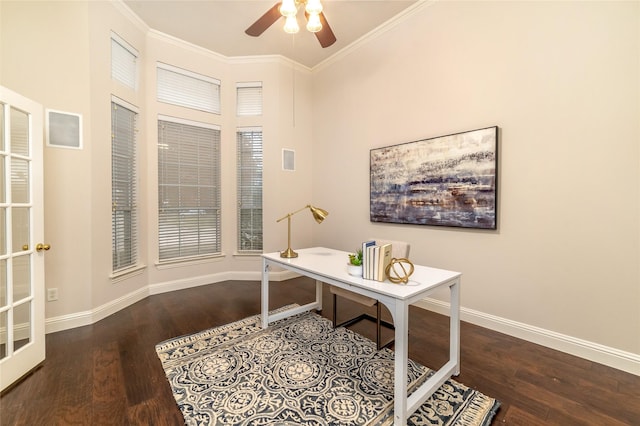 office area with hardwood / wood-style floors, ceiling fan, and crown molding