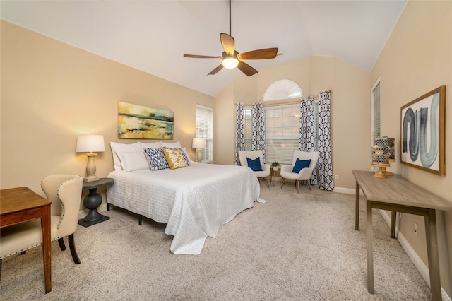 bedroom featuring carpet flooring, ceiling fan, and lofted ceiling