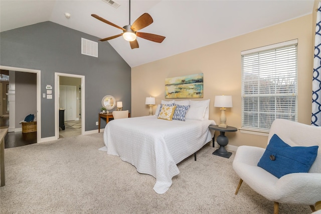 bedroom featuring light carpet, high vaulted ceiling, and ceiling fan