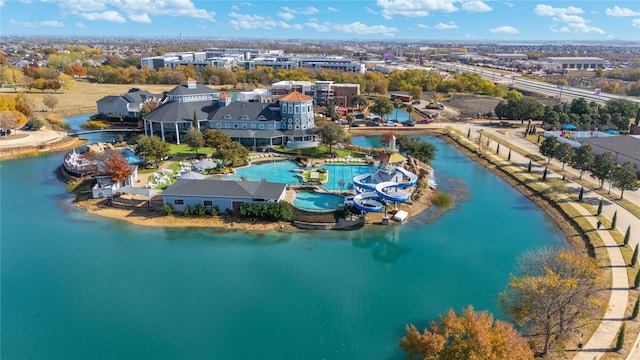 drone / aerial view with a water view